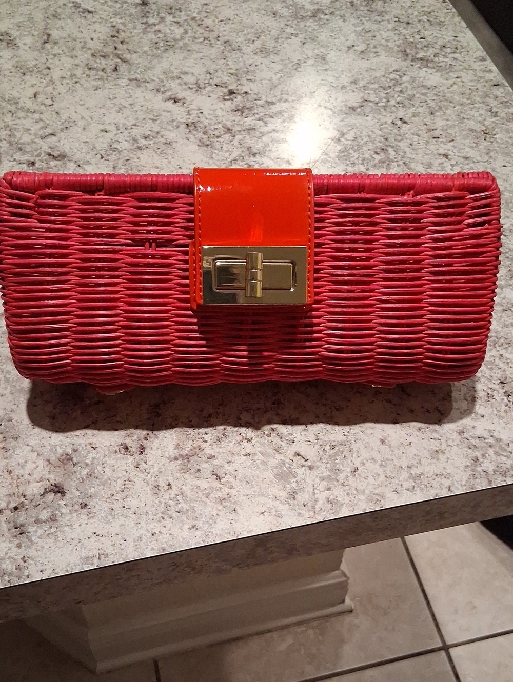 J. Crew Red Woven Clutch with Orange Patent Strap and Gold Hardware
